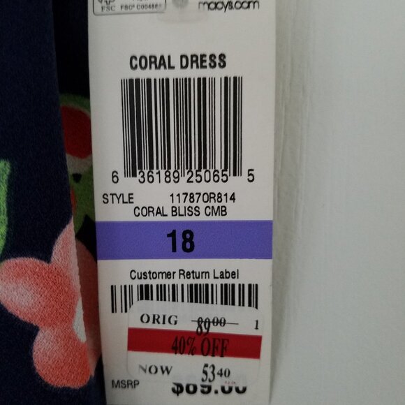 Charter Club Pleated Scoop Neckline Navy Coral Flowered Dress Cap Slv Sz 18 NWT - Picture 15 of 15